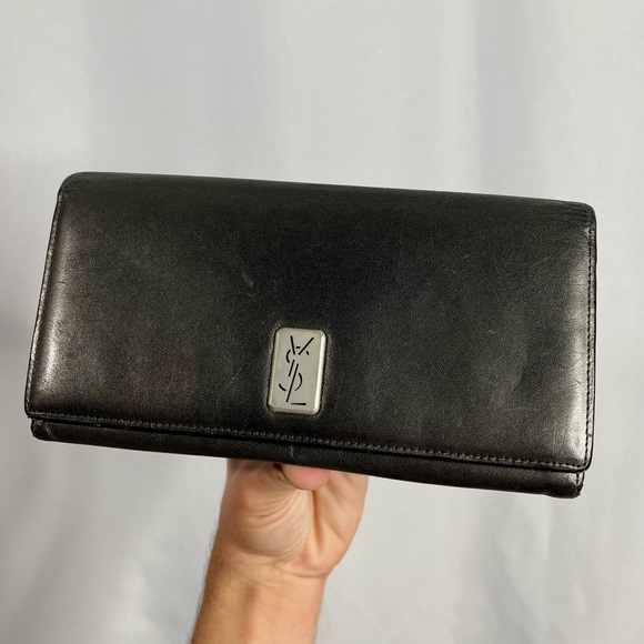YSL Yves Saint Laurent | Large Dark Gray Leather Continental Bifold Zip Wallet - Picture 1 of 11